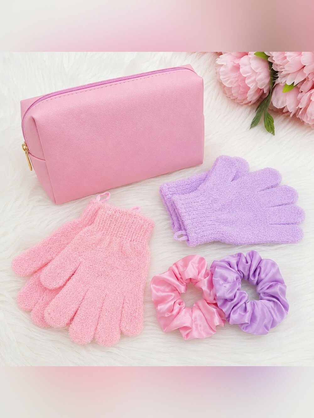 Self-Care Spa Bundle Cosmetic Bag Scrunchies Exfoliating Gloves Gift Set New
